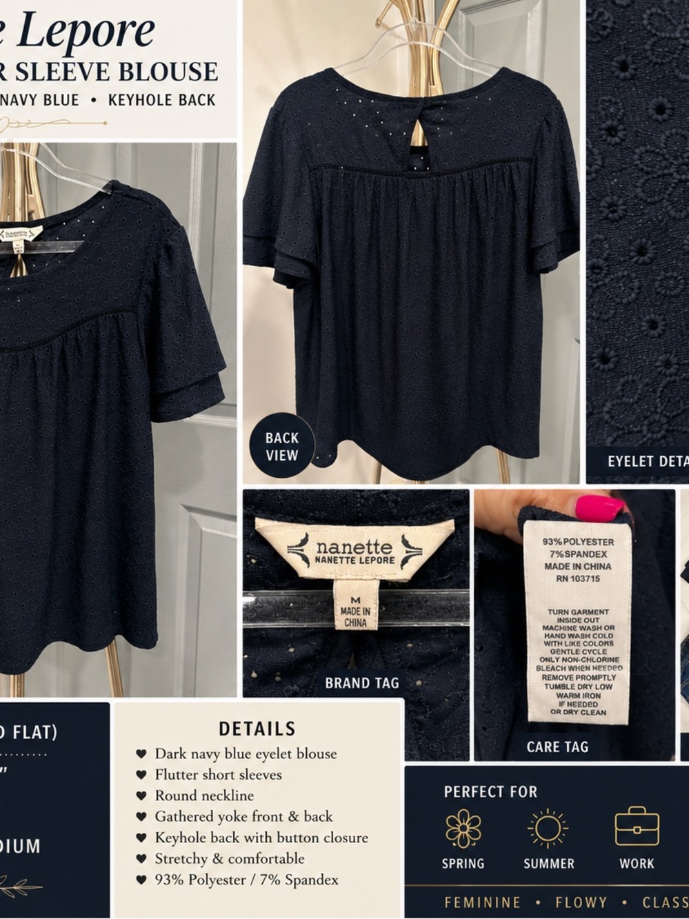 Nanette Lepore Navy Blue Eyelet Flutter Sleeve Blouse